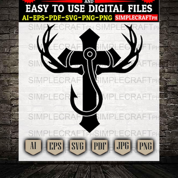 Fish hook Deer ANTLERS CROSS SVG || Duck hunting svg  || wild deer svg  || Deer Hunting  || Cricut design