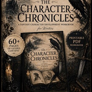 Puede incluir: Un libro de ejercicios para el desarrollo de personajes de fantasía titulado The Character Chronicles, con una portada oscura ilustrada con un cuervo, un castillo y una espada. El PDF imprimible incluye más de 60 páginas de contenido guiado para escritores.