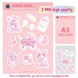 PNG Pegatinas de acuarela con cosas para una niña. Cochecito, biberón, chupete, bola, dientes, cuerpo, calcetín, alfiler, oso y conejito para un recién nacido