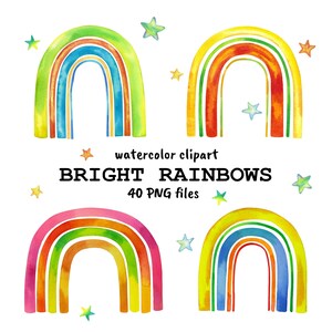 Watercolor Rainbow Clipart. Bright PNG hand drawn illustration in trendy colors for printing