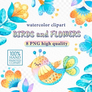 Watercolor clipart birds and flowers. Transparent digital PNG high quality 300 DPI for scrapbook, stickers, invitations. Instant download