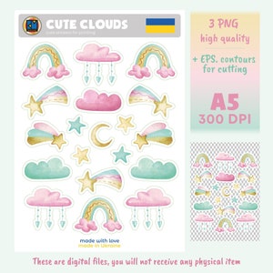 PNG Aquarel stickers met wolken, regenbogen, maan en sterren. Leuke illustraties voor planner en scrapbooking