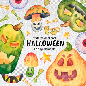 Aquarell Clipart für Halloween. Eine Reihe von druckbaren Aufklebern: Kürbisse, Pilze, Zähne und Knochen. Instan herunterladen. Hochwertiges PNG