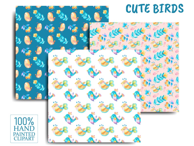 Cute Birds Digital Paper. Cartoon Seamless Patterns With Hand-drawn ...