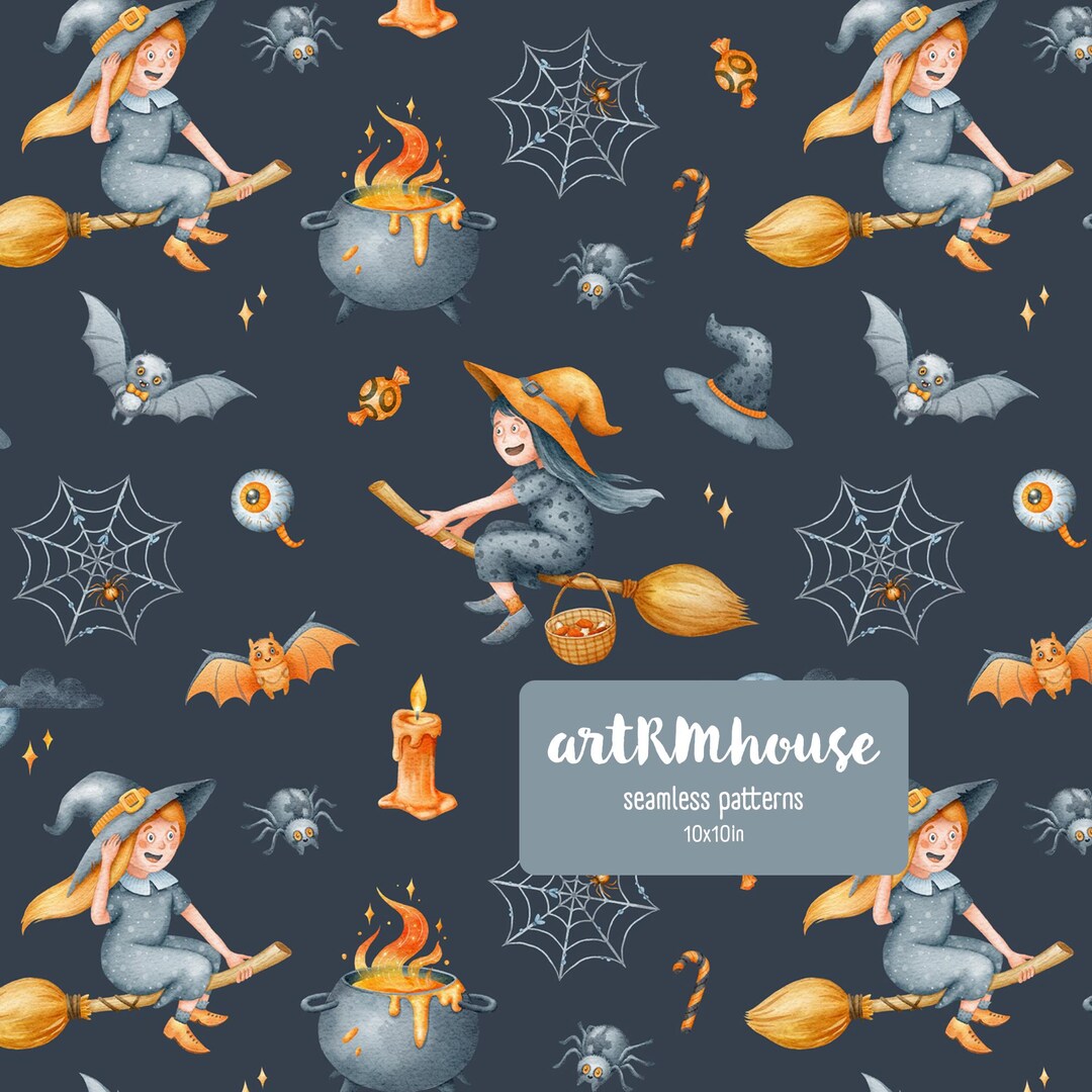 Watercolor Witch Seamless Pattern, Flying Witch Digital Paper ...