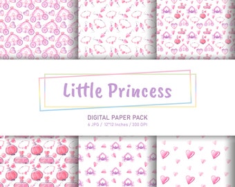 Little princess digital paper 12x12 in. Watercolor clipart with hand drawn elements  JPG. Instant Download. Seamless printable baby pattern