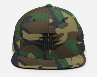 May include: A camouflage-patterned baseball cap with a black embroidered logo. The logo is a stylized geometric design with three points.