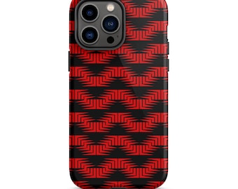 May include: A black phone case with a red geometric pattern. The case has a raised camera bump with three lenses.