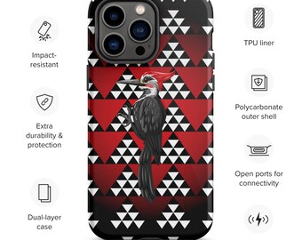 May include: A black and red phone case with a geometric pattern and a woodpecker illustration. The case is compatible with wireless charging.