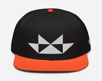 May include: A black and orange baseball cap with a white geometric design on the front.