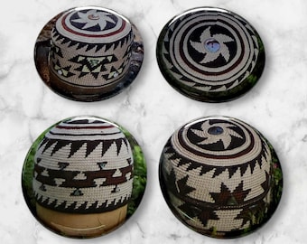 May include: Four decorative glass magnets featuring woven basket designs. The magnets showcase intricate patterns in shades of brown, white, and black. Each magnet has a glossy finish and is set against a marble background.