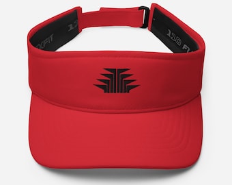 May include: Red visor with a black embroidered logo of three stacked triangles. The logo is centered on the front of the visor.