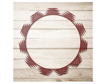 May include: A red geometric frame with a white wood background. The frame is circular and has a repeating pattern of triangles.
