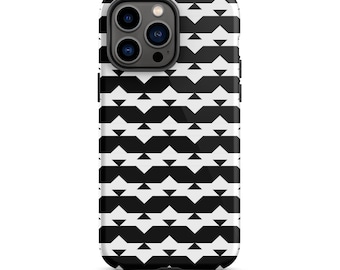May include: Black and white geometric phone case with a repeating pattern of triangles and squares. The case is designed for an iPhone.