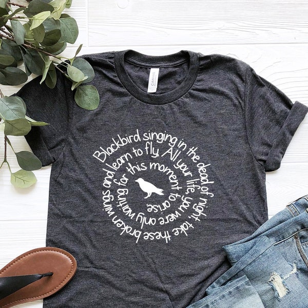 Blackbird Singing In The Dead Of Night 2 T-Shirt, Forest Double Exposure Beatles Lyrics Tee, Classic Rock Shirt For Women, Raven Nature Gift