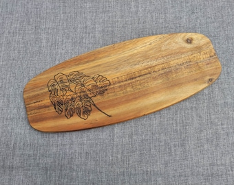 Engraved Monstera Leaf Acacia Wood Serving Board