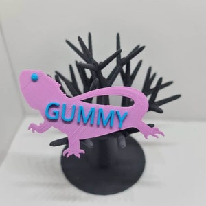 May include: Pink 3D printed bearded dragon silhouette with the name "GUMMY" in blue letters.