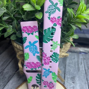 Sea turtles, hibiscus flowers, engraved smart watch band,Samsung engraved watch band, Fitbit versa 2, gift for mom, monstera leaf colorful