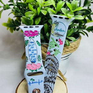Hawaiian beach engraved smart watch band,Samsung engraved watch band, Fitbit versa 2, gift for mom, Sea turtles, surfboards, Hawaiian tribal