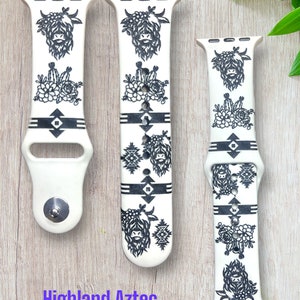 Highland cow aztec, engraved silicone smartwatch 38,40,41,42,44,45mm, Samsung, Fitbit versa 2 , Fitbit versa 3, cow, southwestern