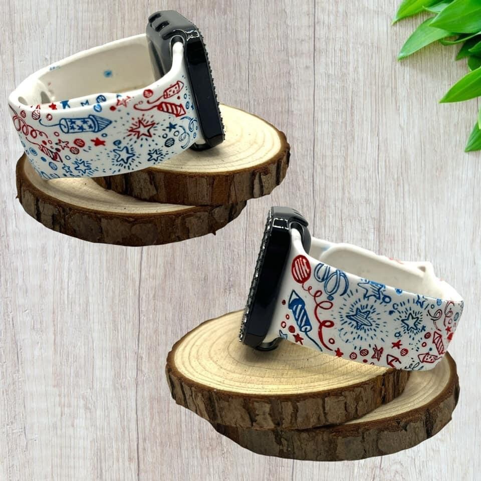 Fireworks 4th of July watchband, laser engraved apple compatible band, red white blue, Samsung, Fitbit Versa 2, Fitbit Versa 3