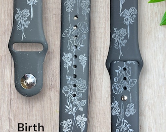 Engraved Birth Flower Watch Band: Apple, Samsung, Fitbit