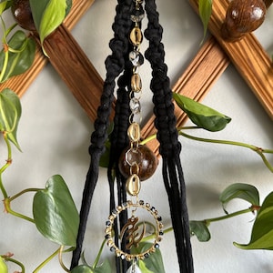 Black macrame plant hanger with suncatcher crystal gold cowrie shells and adinkra symbol gye nyame image 3