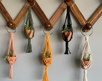 Mini Macrame Plant Hanger | Boho Cotton Car Desk Decor (Includes Pot)
