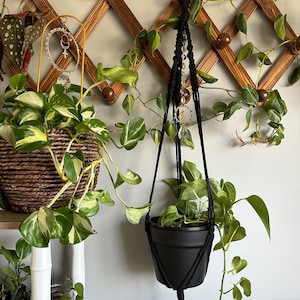 Black macrame plant hanger with suncatcher crystal gold cowrie shells and adinkra symbol gye nyame image 1