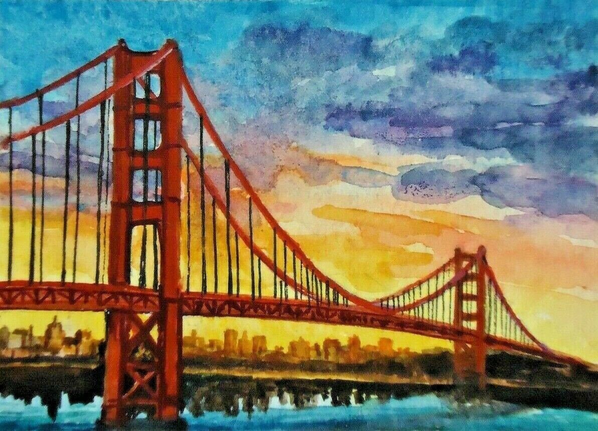Watercolor Painting Sunset Golden Gate Bridge California Ocean Etsy
