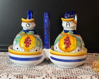 Vintage Italian Hand-Painted Oil & Vinegar Cruet Set | Colorful Ceramic | Made in Italy