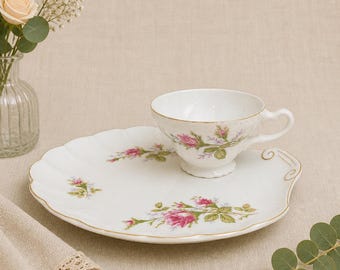 Vintage Bella Rose Japan Snack Set, Pink Roses Scalloped Tea Cup Plate