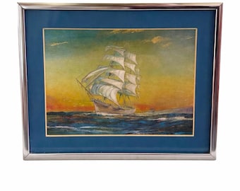 Framed Sailing Ship Print, Vintage Nautical Seascape, Silver Metal Frame
