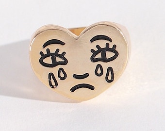 Crying Heart Face Ring, 925 Sterling Silver, Sad Jewelry
