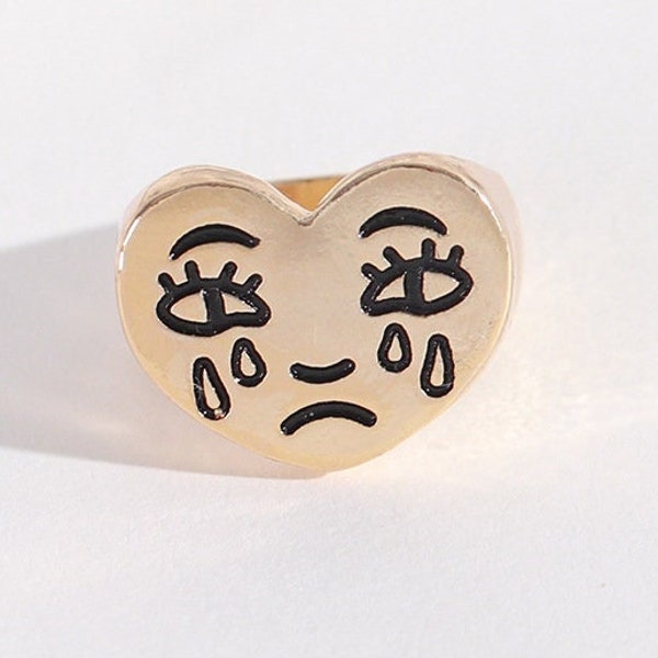 Tears on Crying Face Sad Heart Signet Ring, Face ring, Gold Plated Ring, Love Heart ring, Tears Ring, Fun Face ring, Black heart Jewelry