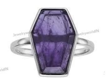 Natural Amethyst Coffin Ring. February Birthstone Ring, Unisex rings. handmade Jewelry, Amethyst Gemstone Ring