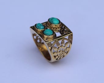Handmade Turquoise Sterling Silver Band Ring, Brass Detail