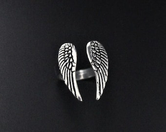 Sterling Silver Angel Wings Ring, Adjustable Feather Jewelry,