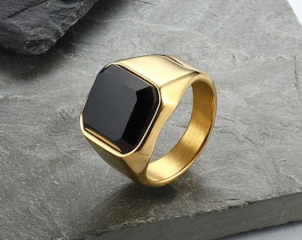 Square Black Tourmaline Ring, Solid Sterling Silver, Unisex Streetwear