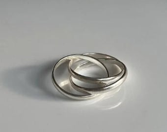 Anillo rodante de plata esterlina martillada hecha a mano, triple banda entrelazada,