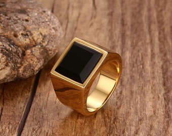 14k Gold Black Obsidian Mens rings, Birthday Gifts for Him, Vintage rings, Obsidian Draws out mental Stress and Tension