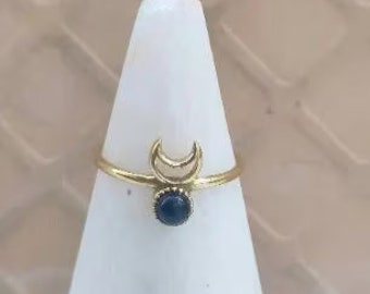 Brass Crescent Moon Ring, Black Tourmaline Gemstone, Minimalist Jewelry