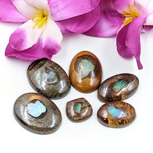 May include: Seven oval-shaped opal cabochons with a brown matrix. The opals have a variety of colours, including green, blue, and purple.