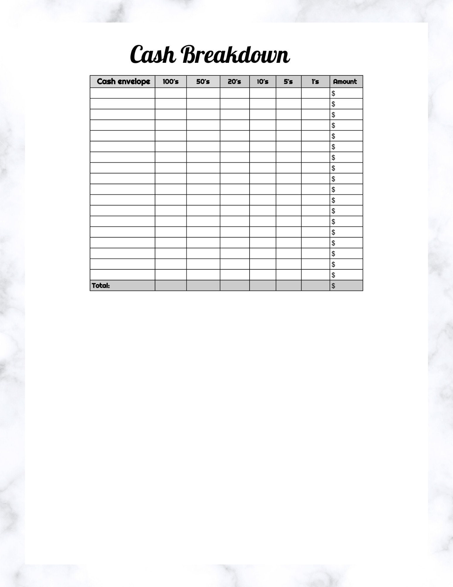Cash Breakdown Worksheet Budget Budget Printable Inserts | Etsy