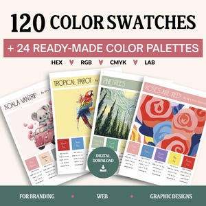 Könnte beinhalten: Eine digitale Sammlung von 120 Farbmustern und 24 fertigen Farbpaletten mit HEX-, RGB-, CMYK- und LAB-Codes. Vier Beispielblätter zeigen die Themen Koala Vantrip, Tropical Parrot, Pinetrees und Roses Are Red mit entsprechenden Farbblöcken.