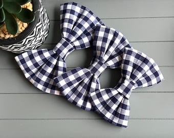 Navy Gingham Dog Bow Tie: Cotton Collar Accessory
