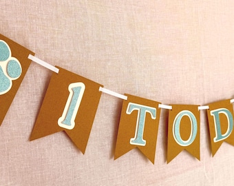 May include: A decorative banner featuring brown pennant flags strung on a white ribbon. The flags display a light blue glittery paw print, the number 1, and the letters T, O, D, A, Y, ending with another light blue glittery paw print.