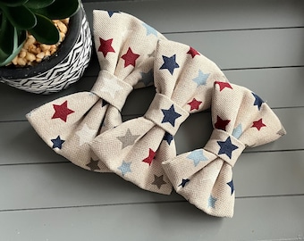 Blue Star Fabric Dog Bow Tie: Linen Style, Elastic Collar