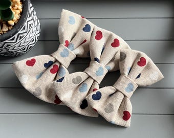 Heart Fabric Dog Bow Tie: Blue Linen Style, Elastic Collar