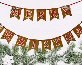 May include: A festive banner featuring brown pennant flags strung on a red cord. Each flag displays a red letter with a white outline, spelling out MERRY CHRISTMAS. The first and last flags of each word are decorated with a small green holly sprig.